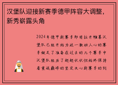 汉堡队迎接新赛季德甲阵容大调整，新秀崭露头角