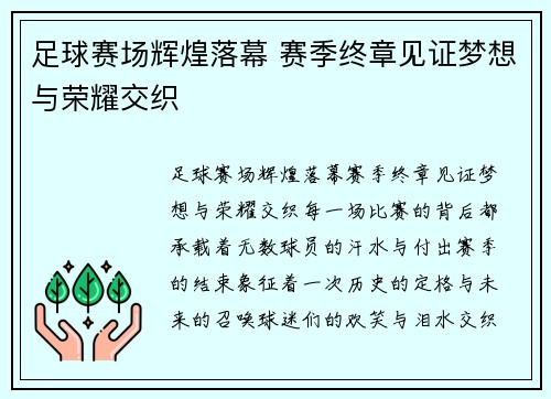 足球赛场辉煌落幕 赛季终章见证梦想与荣耀交织