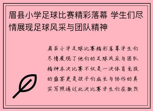 眉县小学足球比赛精彩落幕 学生们尽情展现足球风采与团队精神